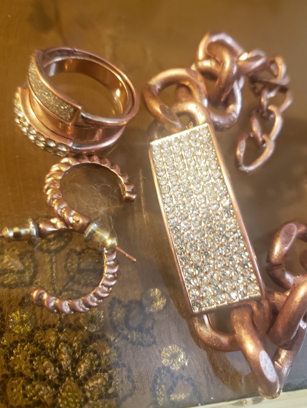 ​Rose Gold Jewelry Set 6pc Chunky Rhinestone Bracelet, 3 Stackable Rings & Hoops